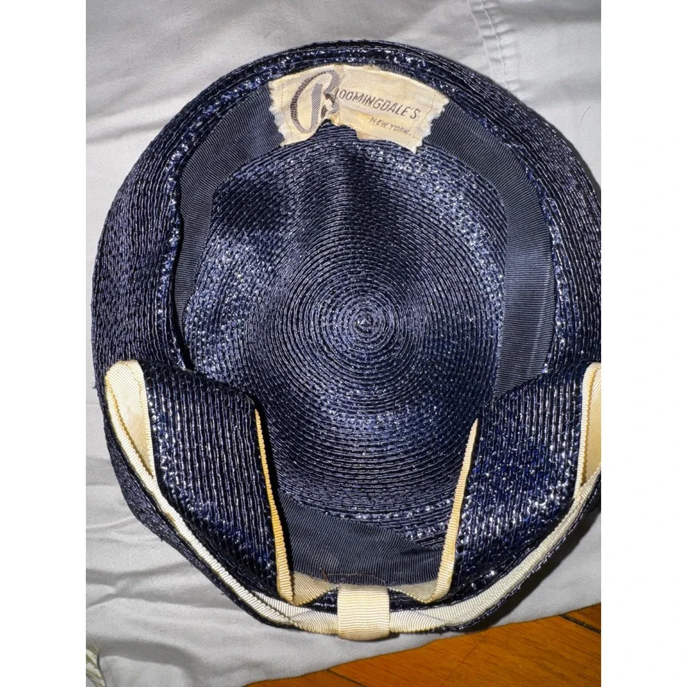 Vintage Bloomingdales Navy Blue Metallic Woven Straw Pillbox Hat with Bow Accent